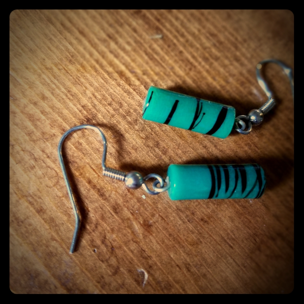 Green striped drop earrings